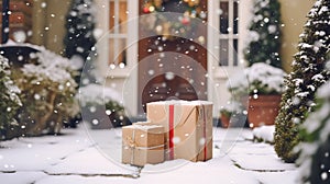 Christmas gifts delivery, postal service and holiday presents online shopping, wrapped parcel boxes on a country house doorstep in