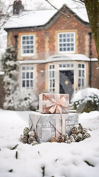 Christmas gifts delivery, postal service and holiday presents online shopping, wrapped parcel boxes on a country house doorstep in