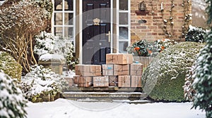 Christmas gifts delivery, postal service and holiday presents online shopping, wrapped parcel boxes on a country house doorstep in