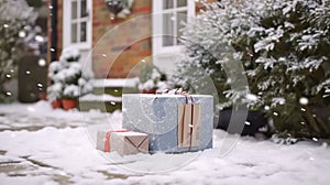 Christmas gifts delivery, postal service and holiday presents online shopping, wrapped parcel boxes on a country house doorstep in