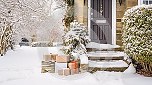 Christmas gifts delivery, postal service and holiday presents online shopping, wrapped parcel boxes on a country house doorstep in