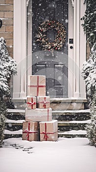 Christmas gifts delivery, postal service and holiday presents online shopping, wrapped parcel boxes on a country house doorstep in