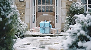 Christmas gifts delivery, postal service and holiday presents online shopping, wrapped parcel boxes on a country house doorstep in