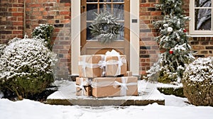 Christmas gifts delivery, postal service and holiday presents online shopping, wrapped parcel boxes on a country house doorstep in