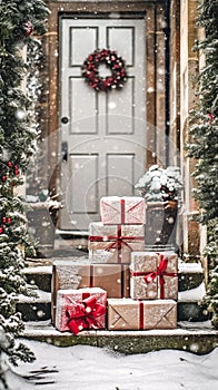 Christmas gifts delivery, postal service and holiday presents online shopping, wrapped parcel boxes on a country house doorstep in