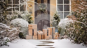 Christmas gifts delivery, postal service and holiday presents online shopping, wrapped parcel boxes on a country house doorstep in