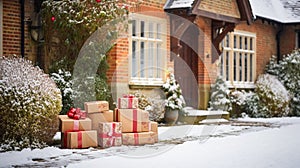 Christmas gifts delivery, postal service and holiday presents online shopping, wrapped parcel boxes on a country house doorstep in