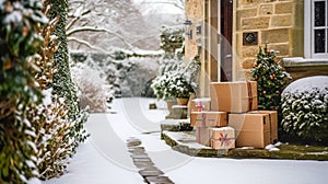 Christmas gifts delivery, postal service and holiday presents online shopping, wrapped parcel boxes on a country house doorstep in