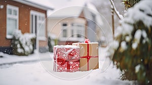 Christmas gifts delivery, postal service and holiday presents online shopping, wrapped parcel boxes on a country house doorstep in