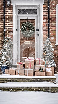 Christmas gifts delivery, postal service and holiday presents online shopping, wrapped parcel boxes on a country house doorstep in