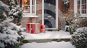 Christmas gifts delivery, postal service and holiday presents online shopping, wrapped parcel boxes on a country house doorstep in