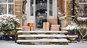 Christmas gifts delivery, postal service and holiday presents online shopping, wrapped parcel boxes on a country house doorstep in