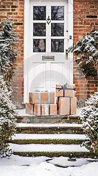 Christmas gifts delivery, postal service and holiday presents online shopping, wrapped parcel boxes on a country house doorstep in