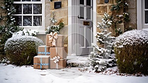 Christmas gifts delivery, postal service and holiday presents online shopping, wrapped parcel boxes on a country house doorstep in