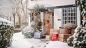 Christmas gifts delivery, postal service and holiday presents online shopping, wrapped parcel boxes on a country house doorstep in