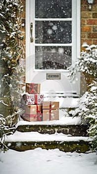 Christmas gifts delivery, postal service and holiday presents online shopping, wrapped parcel boxes on a country house doorstep in