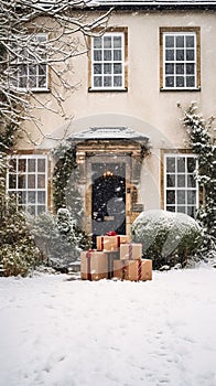 Christmas gifts delivery, postal service and holiday presents online shopping, wrapped parcel boxes on a country house doorstep in