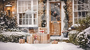 Christmas gifts delivery, postal service and holiday presents online shopping, wrapped parcel boxes on a country house doorstep in