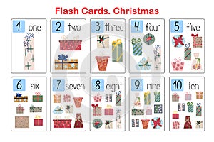 Christmas gifts flash cards topical number and vocabulary learning printable, educational English worksheet for kid