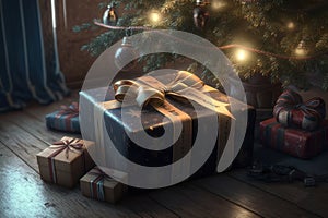 Christmas gifts on the floor under the Christmas tree. AI generative