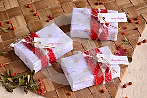 Christmas gifts handmade soaps favors decoration with golden stars pattern paper red burlap jute fabric