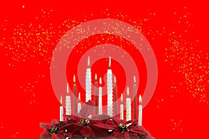 Christmas gifts and happy new year gift card on red background photo