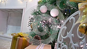 Christmas gifts interior tree room and New Year toys blinking lights and fireplace