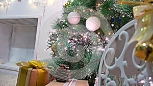 Christmas gifts interior tree room and New Year toys blinking lights and fireplace