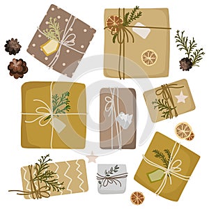 Christmas gifts in kraft paper set top view.Vector isolated illustration.DIY rustic present boxes .Eco decoration