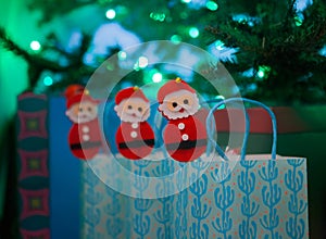 Christmas gifts near the christmastree with snowmans. Christmas background. New Year interior design. Decorated tree