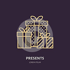 Christmas gifts, new year presents packaging flat line icons. Winter holidays vector illustration, signs for celebration