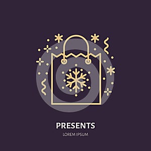 Christmas gifts, new year presents packaging flat line icons. Winter holidays vector illustration, signs for celebration