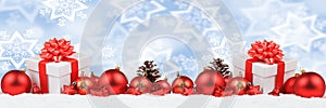 Christmas gifts presents balls banner decoration snow winter background copyspace