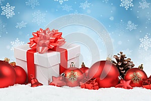 Christmas gifts presents balls baubles decoration snow snowflakes background copyspace copy space