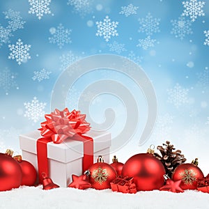 Christmas gifts presents balls baubles decoration square snow snowflakes background copyspace copy space