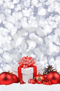 Christmas gifts presents balls decoration snow background portrait format