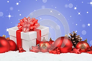 Christmas gifts presents balls decoration snow stars background