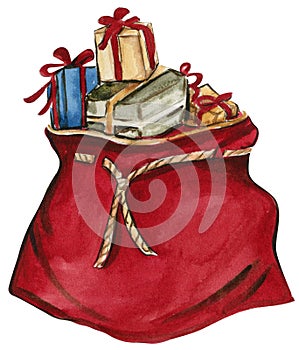 Christmas gifts in the red bag. Watercolor hand drawn illustration for invitations, greeting cards, prints, packaging and more.