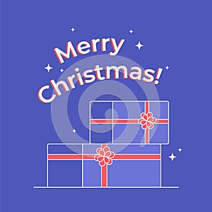 Christmas gifts with red ribbon bow isolated on purple background