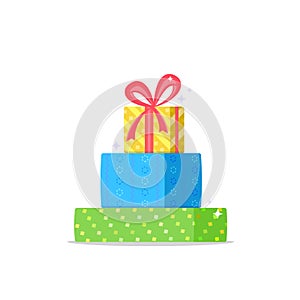 Christmas gifts with red ribbon on the upper yellow box isolated on white background