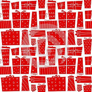 Christmas gifts. Seamless pattern with present boxes in cartoon flat style. Vector illustration.