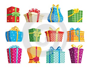 Christmas gifts. Set of colorful cartoon presents, isolated on white background. Vector illustration of cute gift boxes