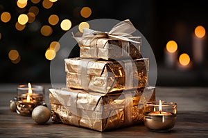 Christmas gifts in shiny paper and bright ribbons and candles on a blurred background with bokeh by the Christmas tree. Merry