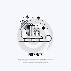 Christmas gifts on sleigh, new year presents packaging flat line icons Winter holidays vector illustration, sign for