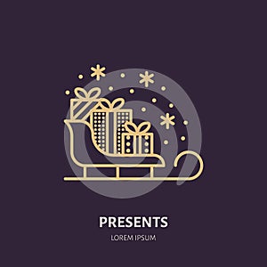 Christmas gifts on sleigh, new year presents packaging flat line icons. Winter holidays vector illustration, signs for