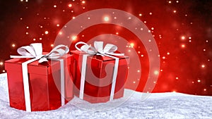 Christmas gifts in snow on red bokeh background. Seamless loop. 3D render.