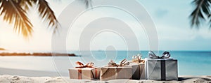 christmas gifts on tropical beach AI generated