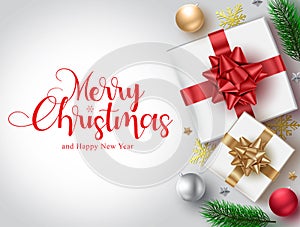 Christmas gifts vector background template. Merry christmas typography text for xmas with gift and ball elements for greeting card