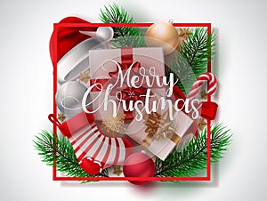 Christmas gifts vector background template. Merry christmas typography text for xmas with gift and ball elements for greeting card