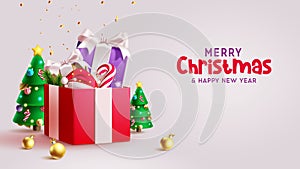 Christmas gifts vector design. Merry christmas and happy new year greeting text with gift boxes